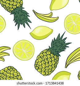 Seamless vector background. Summer fruits: pineapples, lemons, bananas. Pattern.