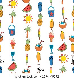 Seamless vector background summer icons. Repeating pattern with watermelon, popsicle, pineapple, coconut, ice cream cone, palm tree, seagull, flipflop sandal, sunscreen