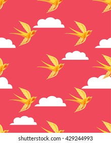 Seamless vector background with swallows and clouds.