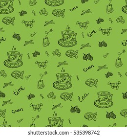 Seamless vector background tea. A Cup of tea, surrounded by lemon wedges, mint leaves, cinnamon.