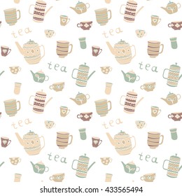 Seamless vector background with teapot and cups. Pattern with the word "tea" and hand-drawn  elements. Template for tablecloths, wrapping, wallpaper, texture.