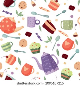 Seamless vector background of teapots, cups and desserts. A pattern of tea party items. Hand-drawn in cartoon style