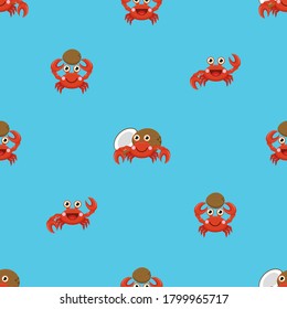 Seamless vector background with tiny cartoon crabs who smile, hold coconuts and waves claws. Funny pattern with shellfishes and coconuts on a blue background.