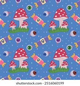 Seamless vector background with toadstools, eyes and candies on a blue background. Background for Halloween party decoration, banner, poster or postcard. Background with a Halloween pattern.