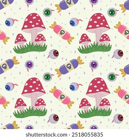 Seamless vector background with toadstools, eyes and candies on a light background. A background for decorating a Halloween party, banner, poster or postcard. Background with a Halloween pattern.