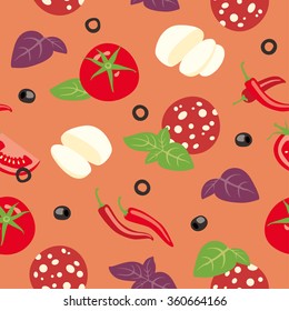 Seamless vector background with tomato, cheese, basil, olives and Pepperoni