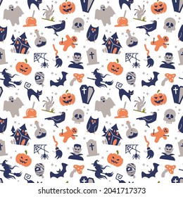 Seamless vector background with traditional Halloween symbols