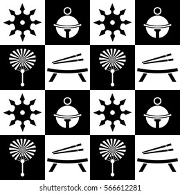 Seamless vector background with traditional japanese fan utiva, shuriken, chopsticks and bell. Endless japanese texture in black and white colors
