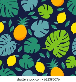 Seamless vector background with tropical fruits on a dark background.
