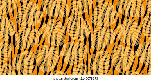 Seamless vector background of tropical leaves. Animal fur, brindle black stripes. Floral ornament for textile, fabric, wallpaper, surface design.