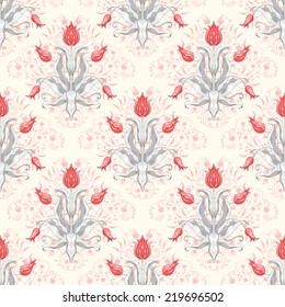 Seamless vector background. Tulip flower floral ornament. Elegant decor with curls. 