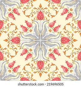 Seamless vector background. Tulip flower ornament and decor with leaves.