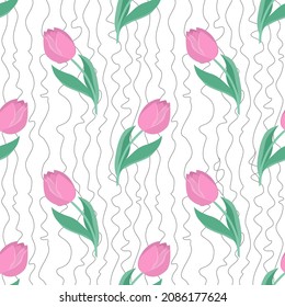 Seamless vector background with tulips. Floral spring background for bed print and for printing on wallpaper, notebooks. Cute background with flowers for girls