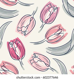 Seamless vector background with tulips. Hand drawn illustration