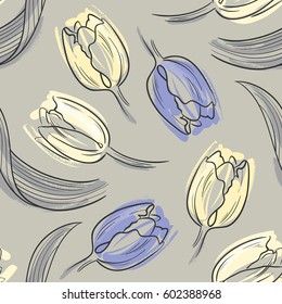 Seamless vector background with tulips. Hand drawn illustration