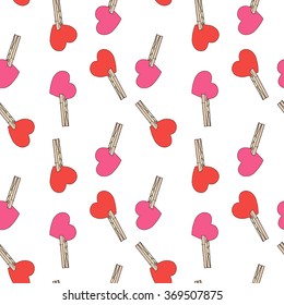 Seamless vector background. Valentine's Day. Red Hearts, clothespins. White background