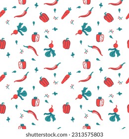 Seamless vector background with various fruits and vegetables. Good for cafe menu background, restaurant, healthy food concept, juice bar illustration. Vegetarian colored texture. Great summer tile.