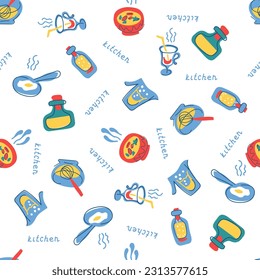 Seamless vector background with various fruits and vegetables. Good for cafe menu background, restaurant, healthy food concept, juice bar illustration. Vegetarian colored texture. Great summer tile.