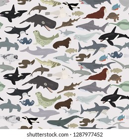 Seamless vector background with various sea animals