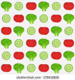 Seamless vector background with vegetables and herbs - chopped tomatoes, cucumbers, lettuce