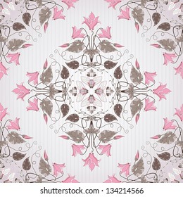 Seamless vector background. Vintage floral pattern in modern style on  background with stripes and blotches. Illustration contains cyclamen plants and insect cicada.