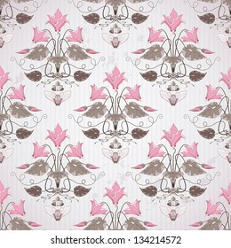 Seamless vector background. Vintage floral pattern in modern style on  background with stripes. Decorative ornament of cyclamen plants and cicadas.