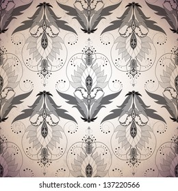 Seamless vector background. Vintage floral oriental pattern. Made old surface. Easy to change colors.