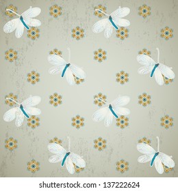Seamless vector background. Vintage floral calico pattern. Flowers and lacewing. This ornament is a part of collection oriental patterns.