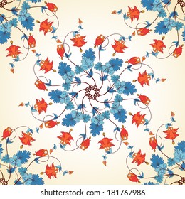 Seamless vector background. Vintage floral pattern in modern style. Aquilegia plants contain flowers, buds and leaves. 