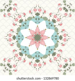 Seamless vector background. Vintage pattern in modern style. Aquilegia plants contain  flowers, buds and leaves. Pink and green.