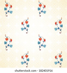 Seamless vector background. Vintage pattern in modern style. Aquilegia plants contain flowers, buds and leaves. Simple delicate ornament.