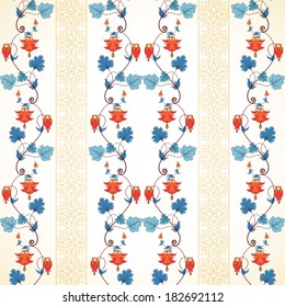 Seamless vector background. Vintage pattern and border in modern style. Aquilegia plants contain flowers, buds and leaves.