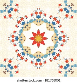Seamless vector background. Vintage round pattern in modern style. Aquilegia plants contain flowers, buds and leaves. Simple delicate ornament. 