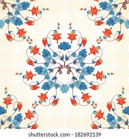 Seamless vector background. Vintage round pattern in modern style. Aquilegia plants contain flowers, buds and leaves. Simple delicate ornament.