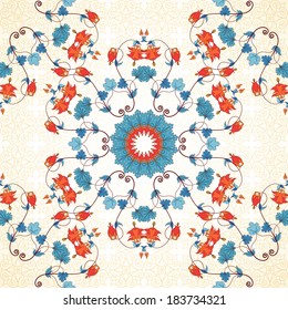 Seamless vector background. Vintage round pattern in modern style. Aquilegia plants contain flowers, buds and leaves. Simple delicate ornament.
