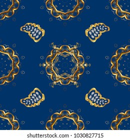 Seamless vector background. Wallpaper baroque, damask. Golden elements on blue, brown and yellow colors. Floral pattern. Stylish graphic pattern.