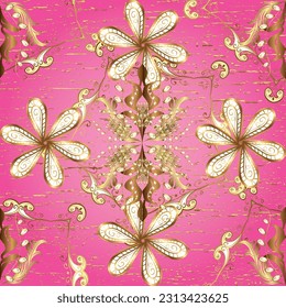 Seamless vector background. Wallpaper baroque, damask. Floral pattern. Stylish graphic pattern. Golden elements on pink, brown and beige colors. Yellow. Light. Joy. Petals. Flowers. Retro.