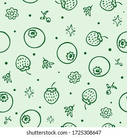 Seamless vector background wallpaper cute drawn blueberry strawberry flower plant berry pattern for fabric or textile print wrapping paper