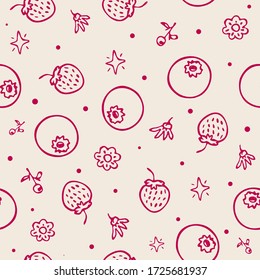 Seamless vector background wallpaper cute drawn blueberry strawberry flower plant berry pattern for fabric or textile print wrapping paper