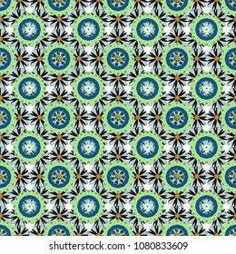 A seamless vector background. Wallpaper in the floral style. Floral ornament. Green, black and blue texture. Graphic vector pattern.