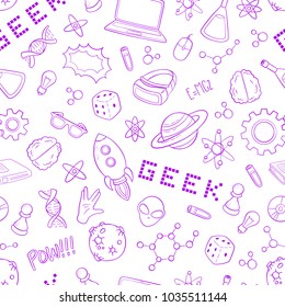 Seamless vector background, wallpaper, texture, backdrop pattern. Set of doodle cartoon icons geek, nerd, gamer. Template for packing, printing, cards, invitation, web design