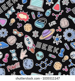 Seamless vector background, wallpaper, texture, backdrop pattern. Set of doodle cartoon icons geek, nerd, gamer. Template for packing, printing, cards, invitation, web design