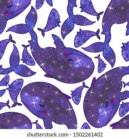 Seamless vector background with whales and watercolor space texture with stars. Ideal for fabric, textile, clothing, greeting cards, bedding and paper.