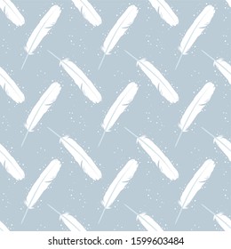 Seamless vector background with white feathers. Bird's feather. Cute background with feathers and polka dot. 