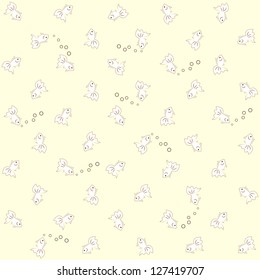 Seamless vector background. White fish and bubbles.