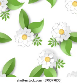 Seamless vector background with white flowers and leaves. Paper cut design. 