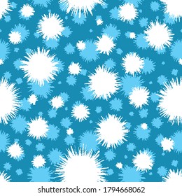 Seamless vector background of white fluffy snowflakes on blue background. Abstract snowflakes are randomly arranged. Background for winter holidays such as Christmas and New Year. Stock vector eps10