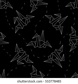 seamless vector background white origami crane on a black background