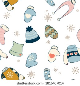 Seamless vector background of winter accessories. A pattern of mittens, hats, socks, and sweaters. Cute colors. Doodle. Hand drawn