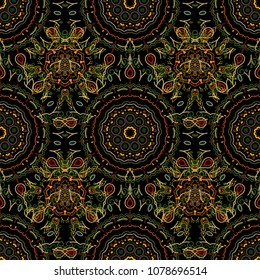 Seamless vector background. Winter Holiday Knitted Pattern with green, yellow and brown Circles, Dots and Snowflakes On a Black Background.